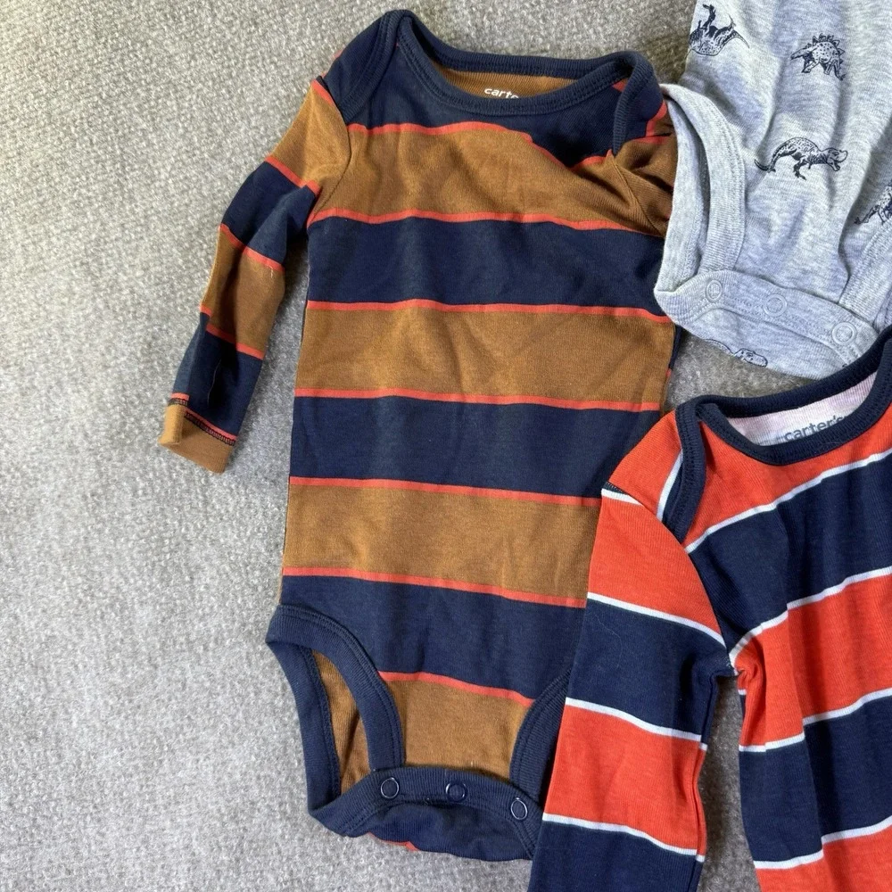 Carters Long Sleeve Bodysuits 4 Pack NWT Size 3 Months Dinos & Stripes